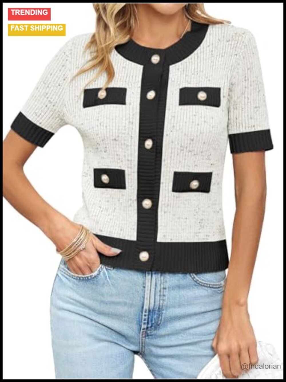 Womens Button Down Cardigan Cropped Short Sleeve Crew Neck Lightweight Sweater